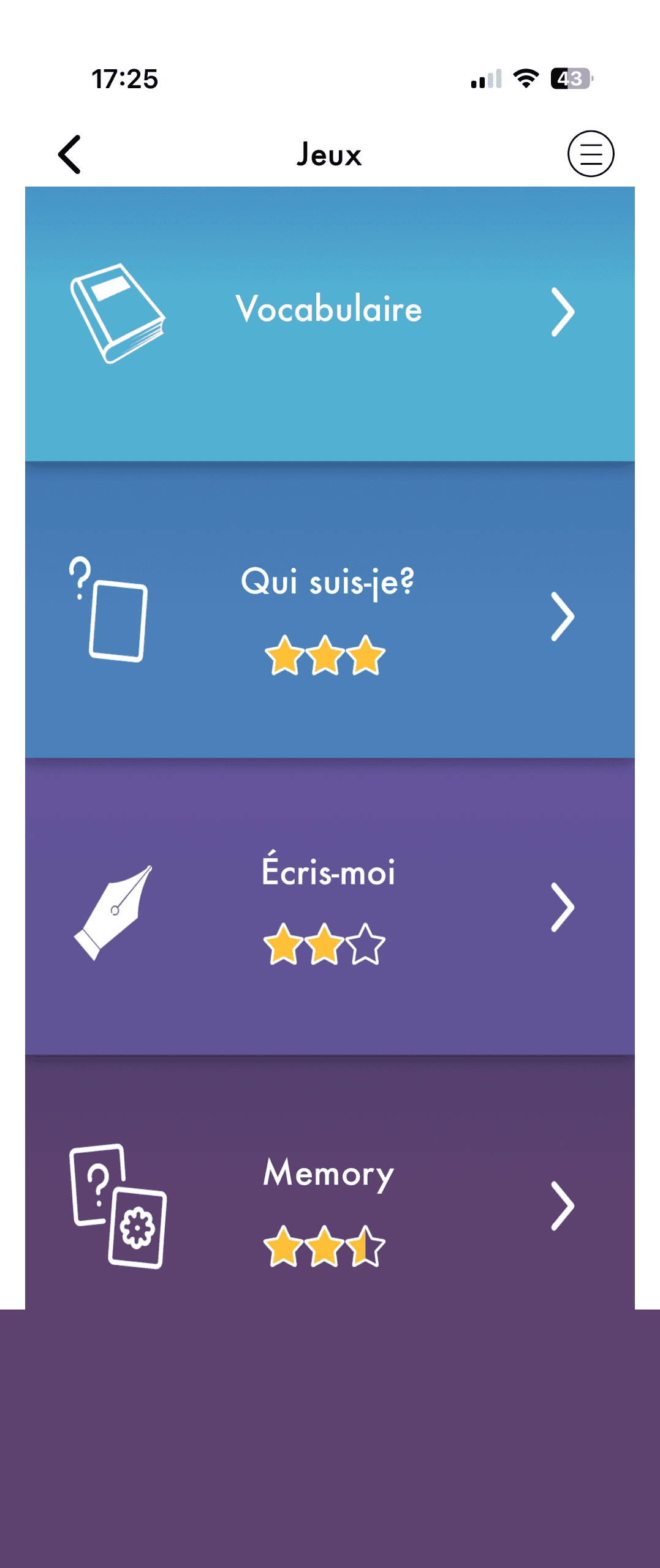 Écran Jeux de vocabulaire de l’application Aurelux
