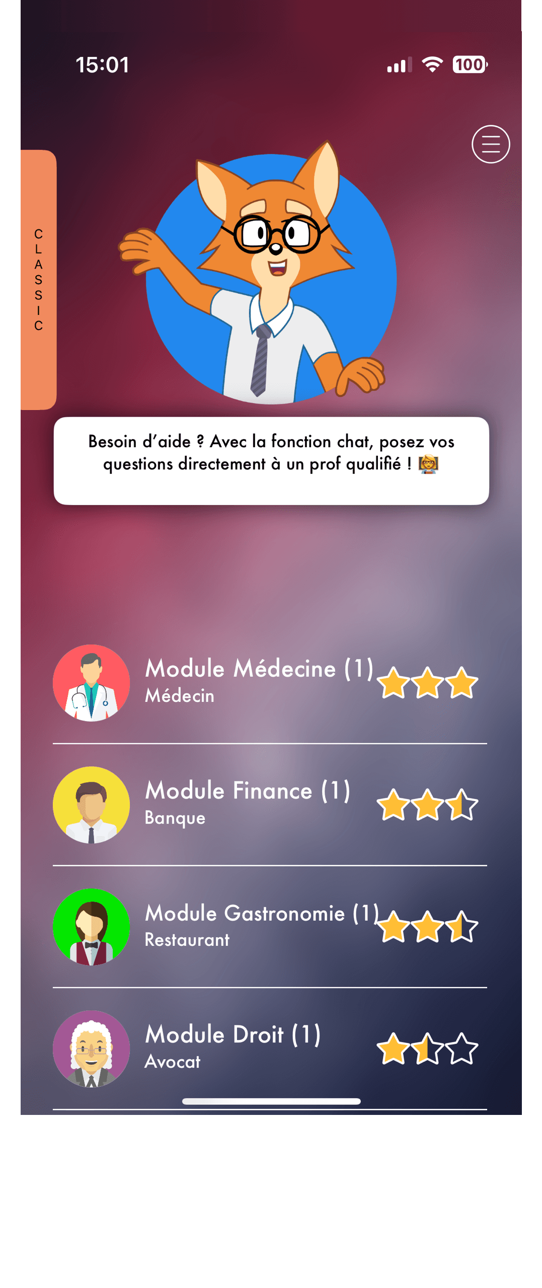 Écran Modules professionnels de l’application Aurelux
