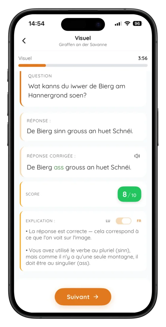 Entraînement à la compréhension orale dans l'application Sproochentest AI